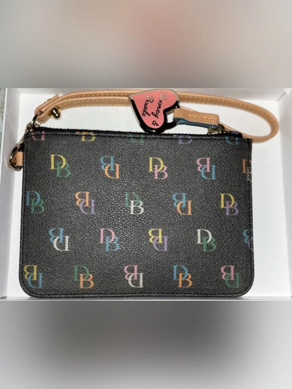 Dooney & Bourke Vintage Black Multicolor Logo Wristlet with Rainbow Zip with Box